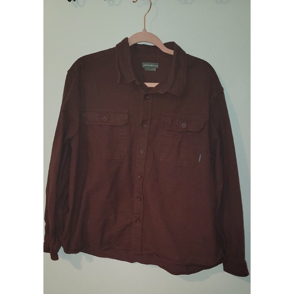 Eddie Bauer Mens Lrg Cotton Button Front Shirt Burgundy Long Sleeve Top Shacket